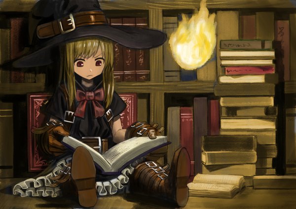Anime picture 1684x1191 with original wasabi60 single long hair fringe blonde hair red eyes sitting holding soles frown reading >:( leather girl dress gloves hat boots belt