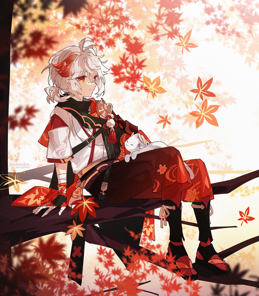 Anime picture 1360x1558 with genshin impact kaedehara kazuha emmikn single tall image short hair red eyes sitting looking away full body white hair multicolored hair arm support streaked hair low ponytail autumn tree sitting boy plant (plants) animal