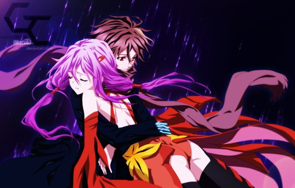Anime picture 1280x817 with guilty crown production i.g yuzuriha inori ouma shu eroishi long hair short hair red eyes brown hair twintails pink hair eyes closed hug coloring girl thighhighs dress boy hair ornament black thighhighs