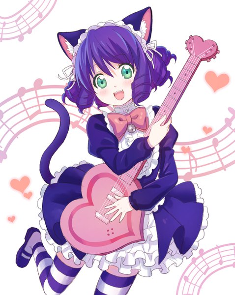 Anime picture 1027x1288 with show by rock!! studio bones cyan (show by rock!!) strawberry heart shati single tall image looking at viewer blush short hair open mouth holding green eyes animal ears purple hair tail :d animal tail cat ears cat tail