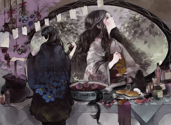 Anime picture 1200x878 with original nekosuke (jet) long hair blush fringe open mouth black hair standing multiple girls holding nail polish traditional clothes japanese clothes grey eyes floral print wavy hair looking up steam witch dark hair