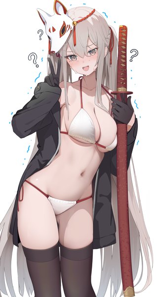 Anime picture 1589x3000 with original hukahire0120 single long hair tall image looking at viewer blush breasts open mouth light erotic simple background white background twintails payot braid (braids) long sleeves :d grey hair off shoulder mole