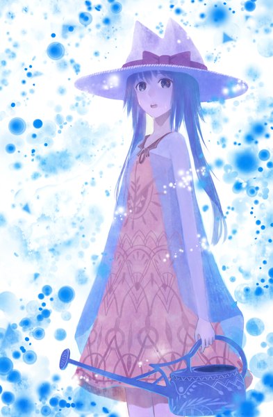 Anime picture 1050x1600 with original bounin single long hair tall image looking at viewer fringe standing purple eyes twintails bare shoulders animal ears blue hair teeth girl dress bow cape hat ribbon watering can