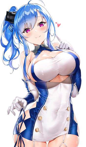 Anime picture 877x1499 with azur lane st. louis (azur lane) narae single long hair tall image looking at viewer blush fringe breasts light erotic simple background smile large breasts standing white background purple eyes bare shoulders blue hair cleavage