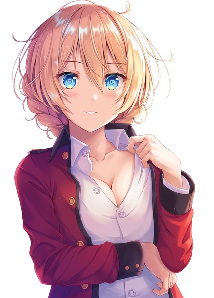Anime picture 1550x2156 with girls und panzer darjeeling (girls und panzer) akashio (loli ace) single tall image looking at viewer blush fringe short hair breasts blue eyes simple background blonde hair white background cleavage upper body braid (braids) long sleeves parted lips arm up