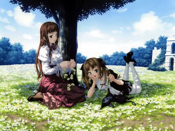 Anime picture 1600x1196 with l'heure bleue cecile (l'heure bleue) lise (l'heure bleue) mizutani tooru long hair looking at viewer fringe open mouth brown hair sitting twintails multiple girls holding green eyes payot sky cloud (clouds) full body bent knee (knees) outdoors