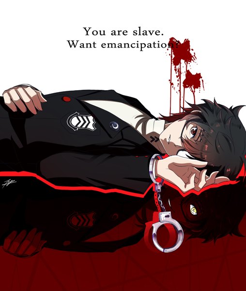 Anime picture 846x1000 with persona 5 persona amamiya ren tenyo0819 single tall image looking at viewer fringe short hair black hair hair between eyes red eyes yellow eyes lying on back text turning head multiview english blood stains