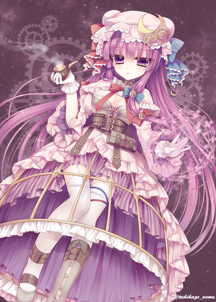 Anime picture 800x1118 with touhou patchouli knowledge tsukikage nemu single long hair tall image looking at viewer purple eyes purple hair magic girl thighhighs dress gloves bow hair bow white thighhighs frills white gloves bonnet