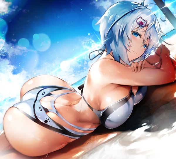 Anime picture 1872x1686 with virtual youtuber .live dennou shoujo siro nishiide kengorou single looking at viewer highres short hair breasts blue eyes light erotic large breasts blue hair sky ahoge ass lying sparkle alternate costume beach
