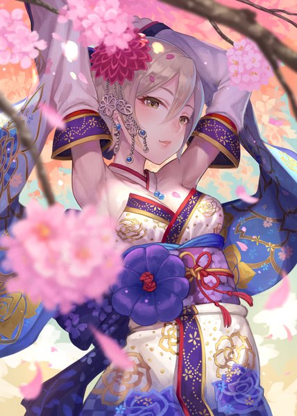 Anime picture 744x1044 with idolmaster idolmaster cinderella girls shiomi shuuko terumii single tall image fringe short hair blonde hair hair between eyes brown eyes looking away cleavage upper body outdoors traditional clothes parted lips japanese clothes hair flower sunlight