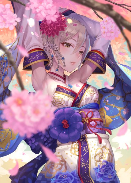 Anime-Bild 744x1044 mit idolmaster idolmaster cinderella girls shiomi shuuko terumii single tall image fringe short hair blonde hair hair between eyes brown eyes looking away cleavage upper body outdoors traditional clothes parted lips japanese clothes hair flower sunlight