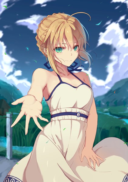 Anime picture 2698x3836 with fate (series) fate/stay night artoria pendragon (all) saber rafael-m single tall image looking at viewer blush fringe highres short hair blonde hair hair between eyes green eyes payot sky cloud (clouds) ahoge outdoors