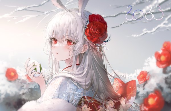Anime picture 1505x978 with original kinokohime single long hair blush fringe hair between eyes red eyes holding animal ears looking away upper body white hair traditional clothes parted lips japanese clothes hair flower bunny ears winter snow