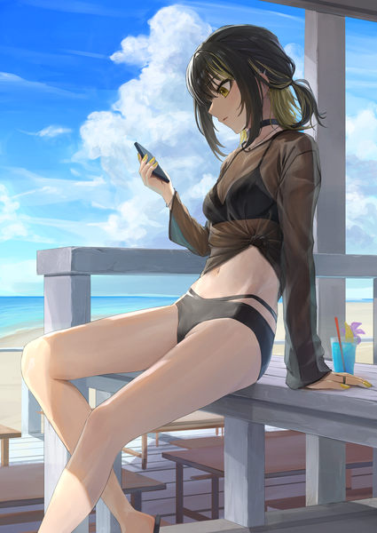 Anime picture 2125x3000 with idolmaster idolmaster shiny colors ikaruga luca ano (gccx8784) single tall image highres short hair light erotic black hair blonde hair sitting yellow eyes payot sky cloud (clouds) outdoors nail polish profile multicolored hair