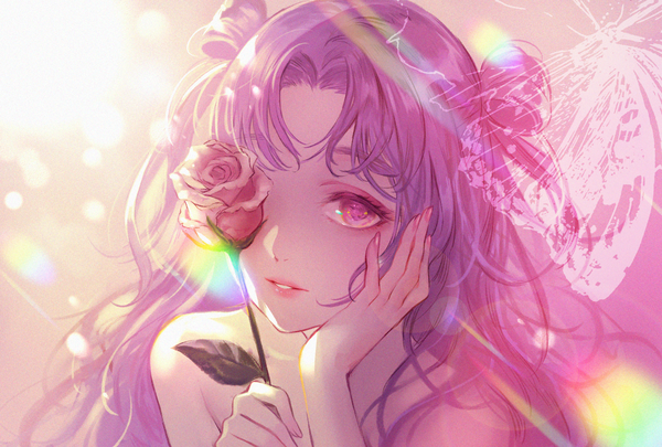 Anime picture 2039x1378 with original terai (teraimorimori) single long hair looking at viewer fringe highres pink hair upper body nail polish parted lips pink eyes fingernails sunlight lens flare hand on face hair rings covering eye (eyes) flower over eye girl