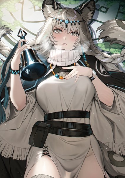 Anime picture 868x1228 with arknights pramanix (arknights) deras single long hair tall image looking at viewer blush fringe breasts light erotic hair between eyes large breasts holding animal ears payot silver hair tail lying braid (braids)