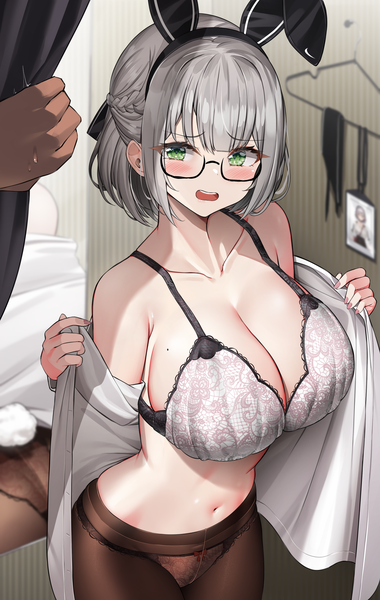 Anime picture 2500x3945 with virtual youtuber hololive shirogane noel kuse (0201) tall image looking at viewer blush fringe highres short hair breasts light erotic standing green eyes animal ears cleavage silver hair tail blunt bangs braid (braids)