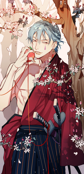 Anime picture 600x1233 with hunter x hunter hisoka (hunter x hunter) soppaghetti single tall image looking at viewer fringe short hair smile hair between eyes standing holding blue hair outdoors traditional clothes japanese clothes black eyes wide sleeves shadow cherry blossoms