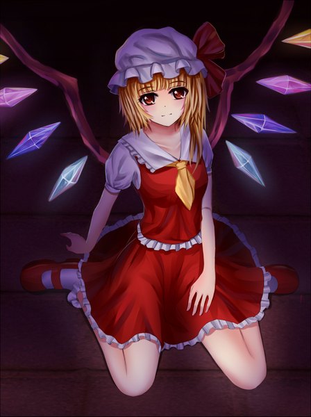 Anime picture 1100x1473 with touhou flandre scarlet meng xiao jiong single tall image looking at viewer blush short hair blonde hair red eyes girl dress skirt wings frills bonnet skirt set crystal