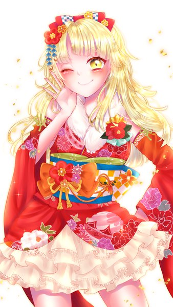 Anime picture 940x1667 with bang dream! tsurumaki kokoro pastel sucre single long hair tall image looking at viewer blush fringe simple background blonde hair smile standing white background yellow eyes traditional clothes japanese clothes one eye closed wink wide sleeves