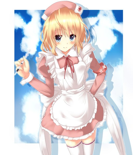 Anime picture 1050x1225 with original hizumin single tall image short hair blue eyes blonde hair smile nurse girl nurse cap syringe