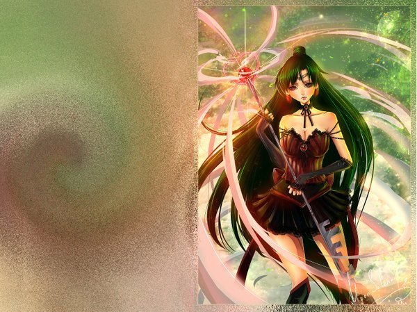 Anime picture 1495x1121 with bishoujo senshi sailor moon toei animation meiou setsuna sailor pluto moonselena (artist) single long hair looking at viewer red eyes standing bare shoulders brown eyes signed very long hair green hair alternate costume sleeveless magic space sad