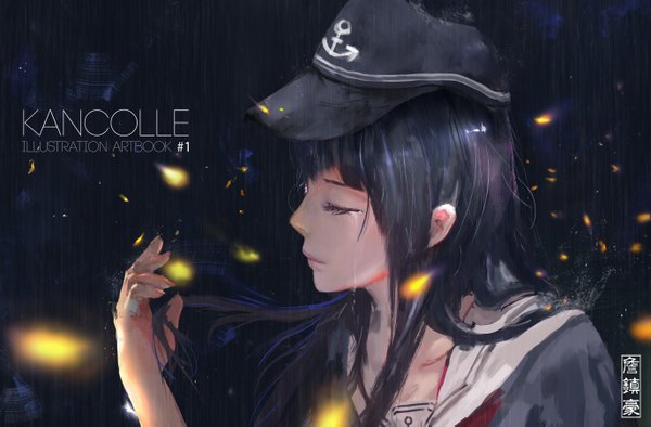 Anime picture 5496x3610 with kantai collection akatsuki destroyer kc (kccorporation) single long hair fringe highres black hair signed absurdres eyes closed nail polish profile inscription copyright name tears hieroglyph dark background crying girl