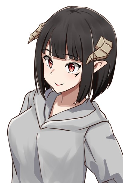 Anime picture 1267x1876 with hime-sama "goumon" no jikan desu torture (hime-sama "goumon" no jikan desu) rokochan single tall image fringe short hair black hair simple background smile red eyes white background looking away upper body blunt bangs horn (horns) pointy ears girl hood hoodie