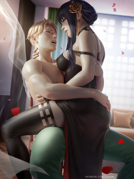 Anime picture 3000x4000 with spy x family yor briar twilight (spy x family) zarory long hair tall image fringe highres short hair breasts open mouth light erotic black hair blonde hair red eyes large breasts sitting green eyes ass indoors