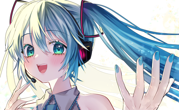 Anime picture 4093x2525 with vocaloid hatsune miku hakusai ponzu single long hair looking at viewer blush fringe highres open mouth hair between eyes wide image twintails absurdres upper body nail polish :d aqua eyes aqua hair aqua nail polish