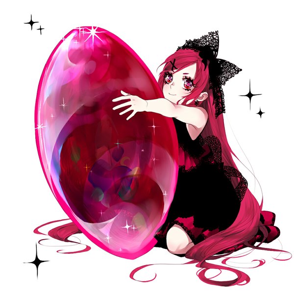 Anime picture 1024x1024 with original tayuya1130 single smile red eyes white background sitting red hair very long hair sleeveless girl hair ornament bow hair bow bobby pin gem