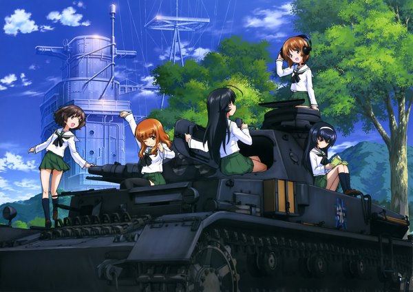 Anime picture 4087x2894 with girls und panzer nishizumi miho akiyama yukari takebe saori reizei mako isuzu hana sugimoto isao long hair highres short hair open mouth black hair brown hair sitting multiple girls brown eyes absurdres sky cloud (clouds) scan