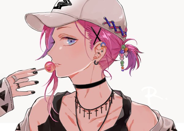 Anime picture 840x600 with hypnosis mic amemura ramuda rum3307 single looking at viewer fringe short hair blue eyes simple background bare shoulders holding pink hair upper body ponytail nail polish parted lips profile multicolored hair off shoulder two-tone hair
