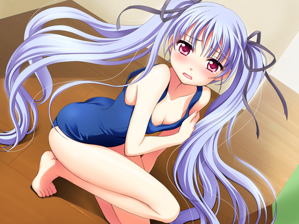 Anime picture 800x600 with sugar+spice 2 (game) hiiragi ginga ginta single looking at viewer blush fringe breasts open mouth light erotic twintails game cg purple hair very long hair pink eyes from above girl ribbon (ribbons) swimsuit hair ribbon