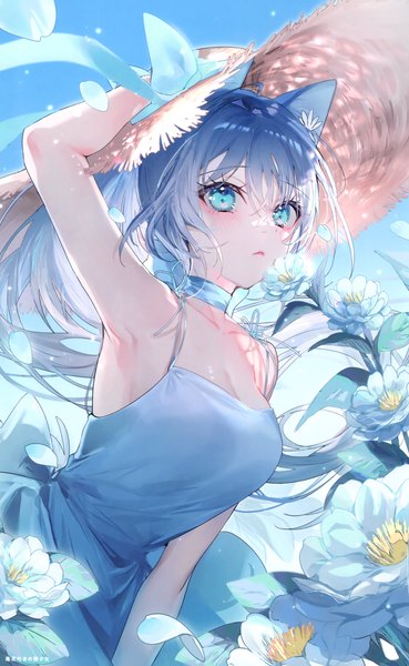 Anime picture 1850x3008 with original miwano rag single long hair tall image looking at viewer blush fringe highres breasts blue eyes hair between eyes standing animal ears sky cleavage outdoors arm up wind grey hair