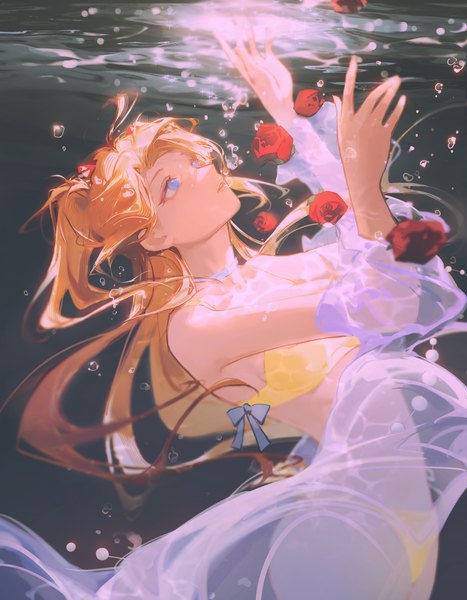 Anime picture 3500x4500 with neon genesis evangelion gainax soryu asuka langley gjygyao single long hair tall image highres blue eyes light erotic absurdres orange hair two side up looking up underwater girl flower (flowers) swimsuit bikini bubble (bubbles)