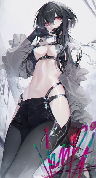 Anime picture 2212x4096 with original chyan single long hair tall image looking at viewer fringe highres breasts open mouth light erotic black hair simple background hair between eyes red eyes large breasts white background bare shoulders cleavage long sleeves