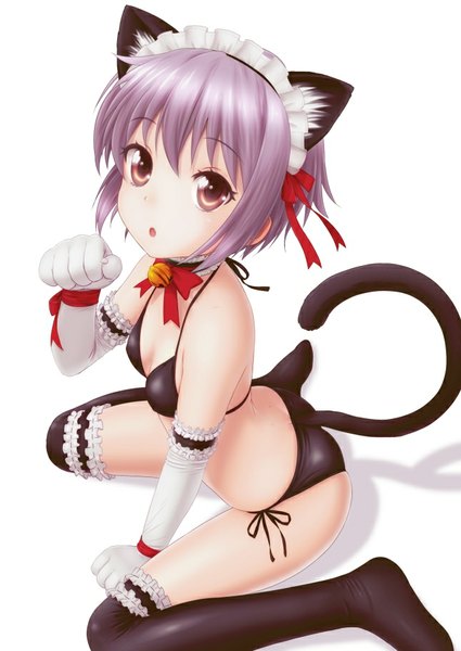 Anime picture 645x911 with suzumiya haruhi no yuutsu kyoto animation nagato yuki akahige single tall image short hair light erotic simple background white background sitting brown eyes animal ears purple hair tail animal tail cat ears :o shadow cat girl