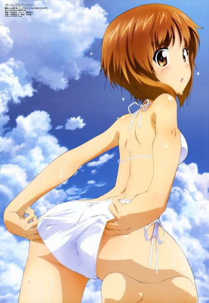 Anime picture 4093x5929 with girls und panzer megami magazine nishizumi miho single tall image blush highres short hair open mouth light erotic brown hair brown eyes absurdres cloud (clouds) ass official art adjusting swimsuit girl swimsuit bikini