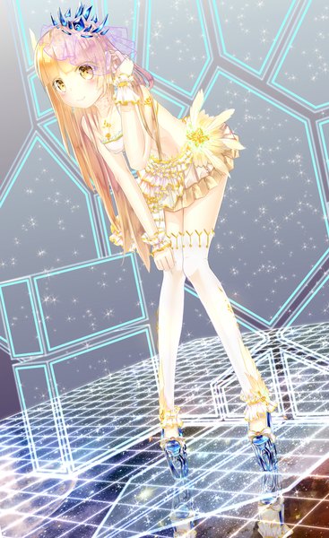 Anime picture 1129x1844 with original futoshi ame single long hair tall image looking at viewer blush blonde hair smile standing yellow eyes leaning leaning forward adjusting hair reflection girl thighhighs white thighhighs pendant crown