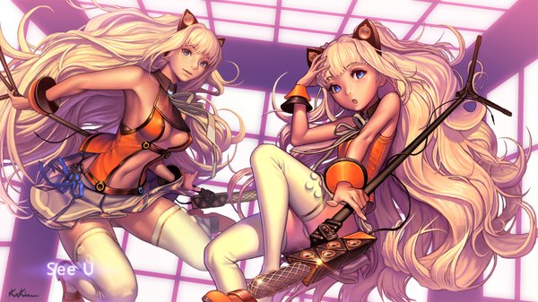 Anime picture 1920x1080 with vocaloid seeu kakiman (artist) long hair highres blue eyes blonde hair wide image animal ears inscription sleeveless dual persona girl thighhighs skirt miniskirt white thighhighs bracelet microphone