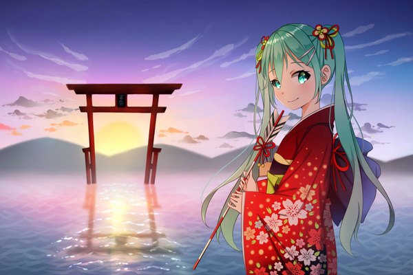 Anime picture 1800x1200 with vocaloid hatsune miku botchi (pixiv9013866) single long hair looking at viewer blush fringe highres smile hair between eyes twintails holding cloud (clouds) upper body outdoors long sleeves traditional clothes japanese clothes aqua eyes