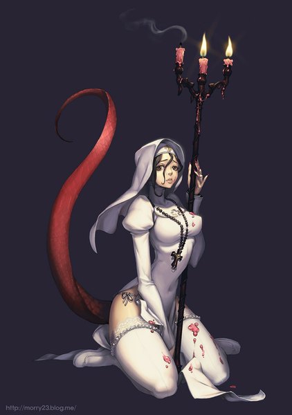 Anime picture 740x1053 with original morry single long hair tall image looking at viewer breasts light erotic black hair simple background large breasts sitting brown eyes tail long sleeves puffy sleeves kneeling black background demon tail nun