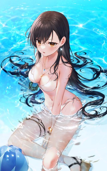 Anime picture 1000x1600 with original kh (kh 1128) single long hair tall image looking at viewer blush fringe breasts open mouth light erotic black hair hair between eyes large breasts sitting yellow eyes cleavage bent knee (knees) from above mole