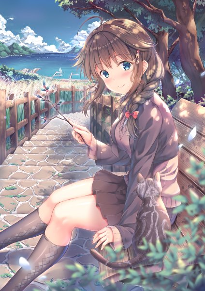 Anime picture 848x1200 with kantai collection shigure destroyer shirakawako single long hair tall image looking at viewer blush fringe breasts smile sitting holding sky cloud (clouds) ahoge outdoors braid (braids) long sleeves head tilt