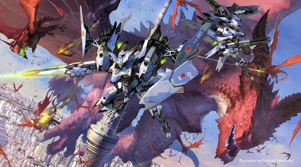 Anime picture 1500x833 with original takayama toshiaki wide image signed sky city flying fantasy river battle weapon fire dragon robot mecha tower