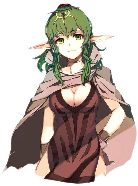 Anime-Bild 1000x1350 mit fire emblem fire emblem awakening nintendo tiki (fire emblem) machi (pixiv id1320167) single long hair tall image looking at viewer simple background smile white background green eyes cleavage green hair pointy ears hand on hip girl dress gloves