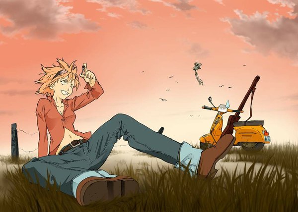 Anime picture 1024x732 with flcl gainax haruhara haruko canti single short hair blonde hair smile sitting yellow eyes outdoors spread legs wallpaper soles third-party edit girl navel plant (plants) shirt belt