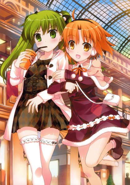 Anime picture 2459x3500 with original fujima takuya long hair tall image blush highres short hair open mouth twintails multiple girls green eyes green hair orange hair orange eyes girl thighhighs dress 2 girls white thighhighs headphones