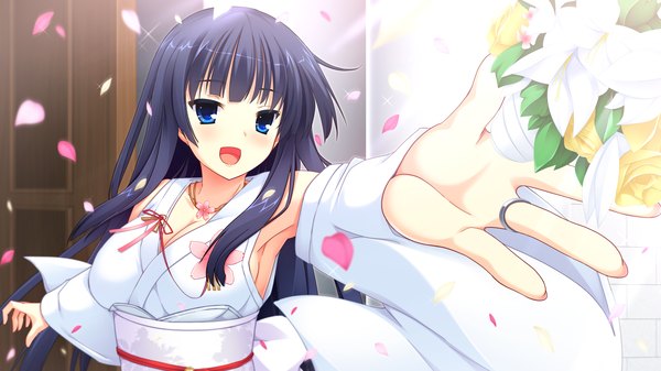 Anime picture 2560x1440 with love la bride mikami haruka mutou kurihito long hair blush highres open mouth blue eyes black hair wide image game cg girl flower (flowers) detached sleeves petals obi bouquet